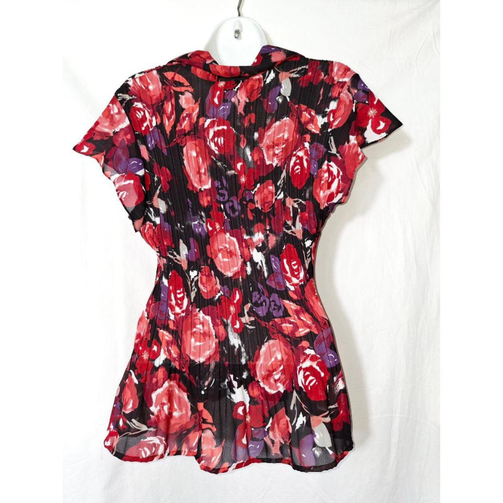 Bethany vintage Black Red Floral Pleated Blouse Plus Size 16 Y2K ruffle - Picture 2 of 3